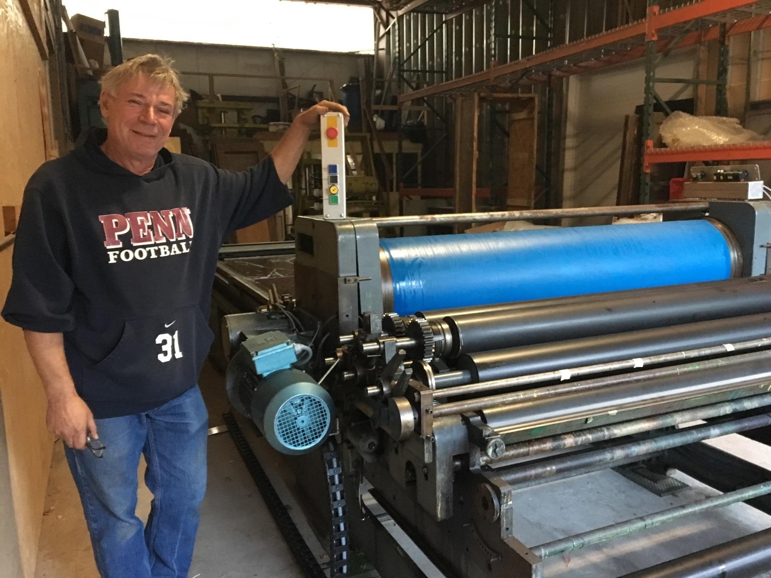 Vladimir Schuster with his Dufa printing press.